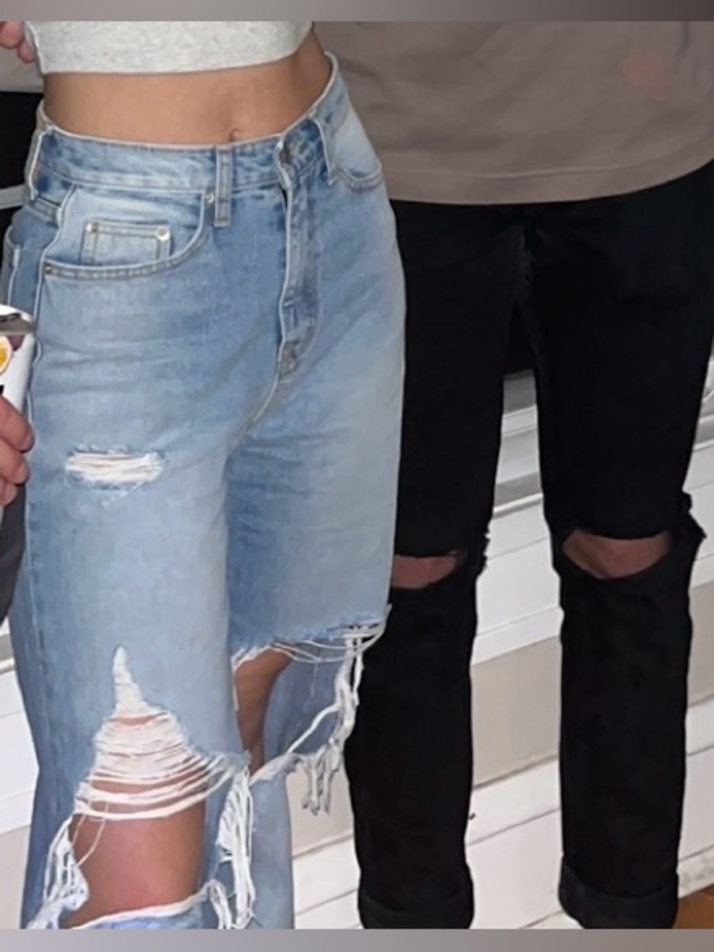 Blue distressed wide leg jeans